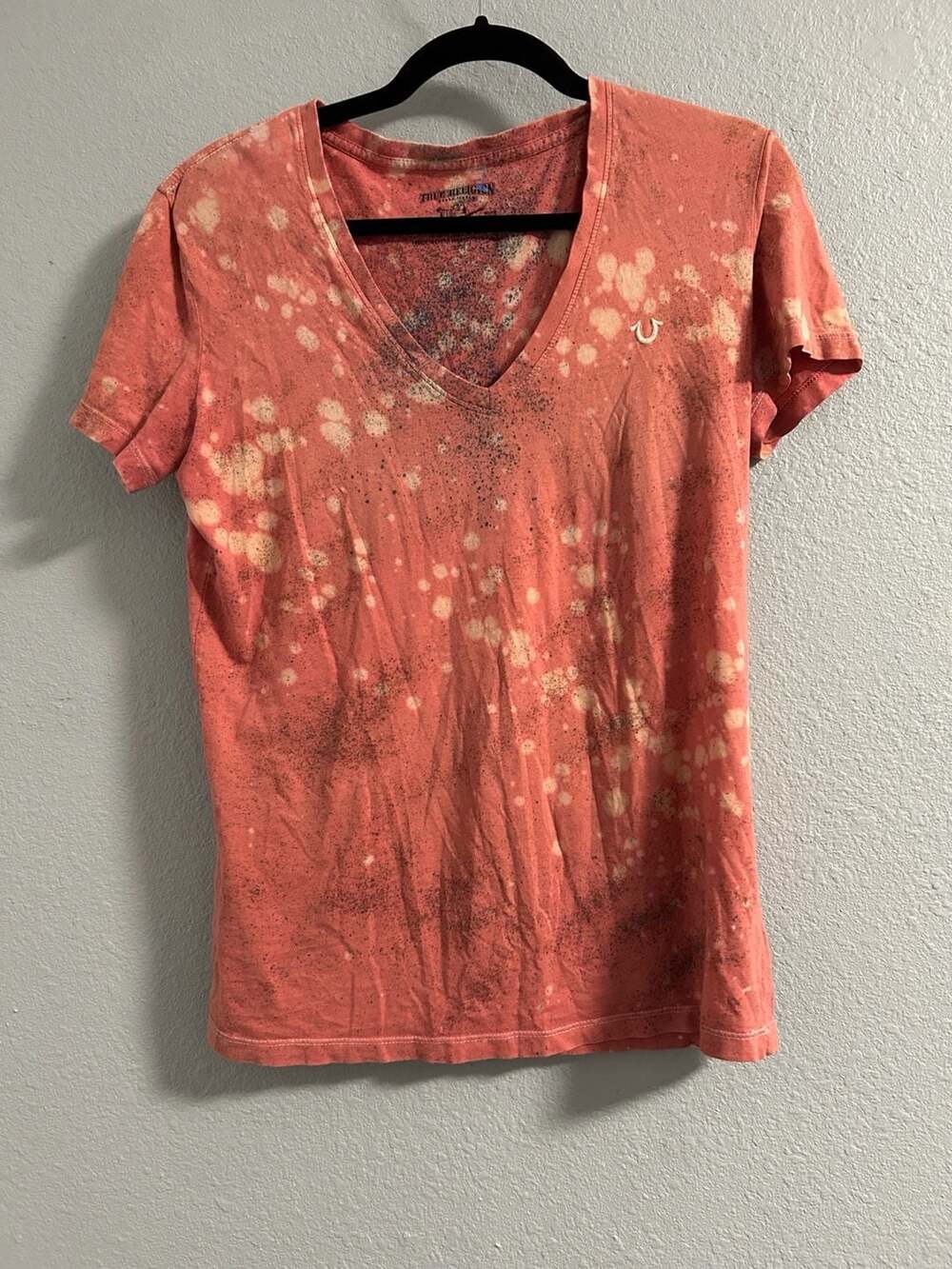 True Religion Pink Bleach Splatter V-Neck T-Shirt